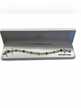 18K Gold Over Sterling Silver Gemstone and Diamond Chip 7" Tennis Bracelet Vtg